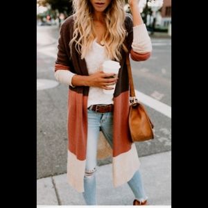 5⭐Orange brown & cream long duster open cardigan